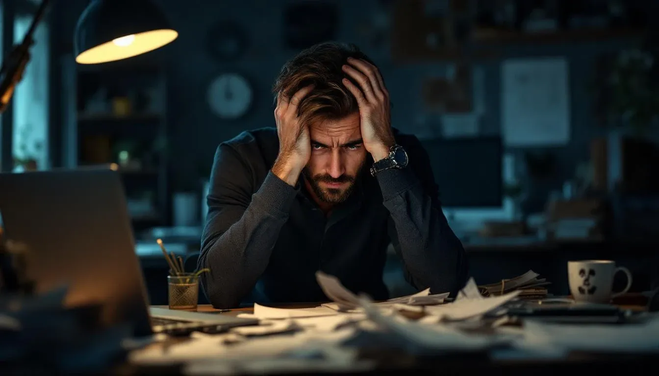 Entrepreneur en burnout stressé au travail la nuit — test burnout gratuit StressZero